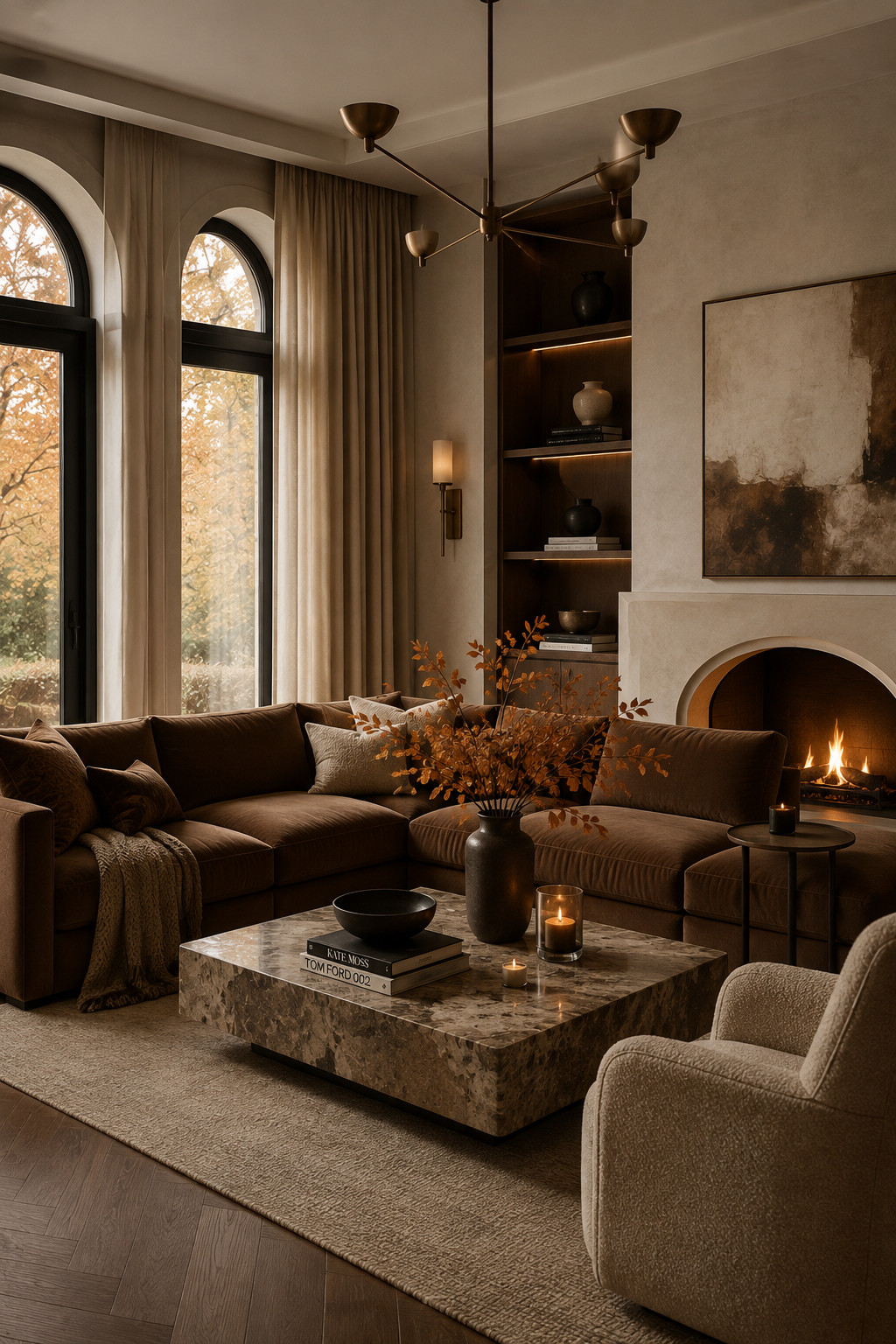 A rich, cozy fall living room with the perfect mix of warmth and luxury 🤎 The deep brown sectional instantly makes the space feel grounded and inviting, while the marble coffee table, arched windows, layered neutral textures, and soft golden lighting add that elevated designer feel. I love the subtle autumn branches and warm wood tones—they bring in fall without making the room feel overly decorated. Such a beautiful idea for a sophisticated seasonal refresh.

#FallLivingRoom #BrownSofa #LuxuryLivingRoom #CozyHome #WarmModernInterior #FallHomeDecor #LivingRoomInspo #NeutralDecor #LuxuryInteriors #ModernHome #AutumnDecor #DesignerLivingRoom #ElegantHome #HighEndInteriors #InteriorDesign #WarmMinimalism #HomeDecorIdeas #ContemporaryHome #PinterestHome #FallInteriorInspiration 

 #LTKSeasonal #LTKHome #LTKSaleAlert