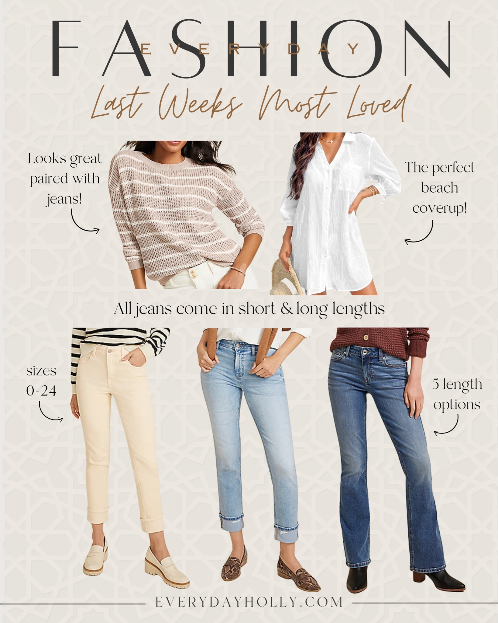 Trending Fashion

Last weeks top 5 favorites and most loved/shopped by you all! 💕 

Trending fashion  jeans  maurices  cuffed jeans  light wash jeans  white jeans  striped sweater  coverup  beach coverup  swim coverup  outfit inspo  favorites  dark wash jeans  everydayholly  

#LTKStyleTip #LTKFindsUnder50 #LTKSaleAlert