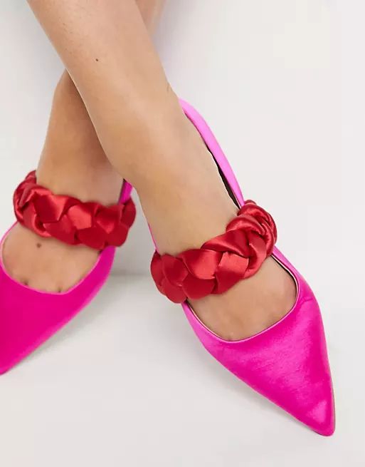 ASOS DESIGN Liberty plaited mary jane pointed ballet flats in pink & red satin | ASOS (Global)