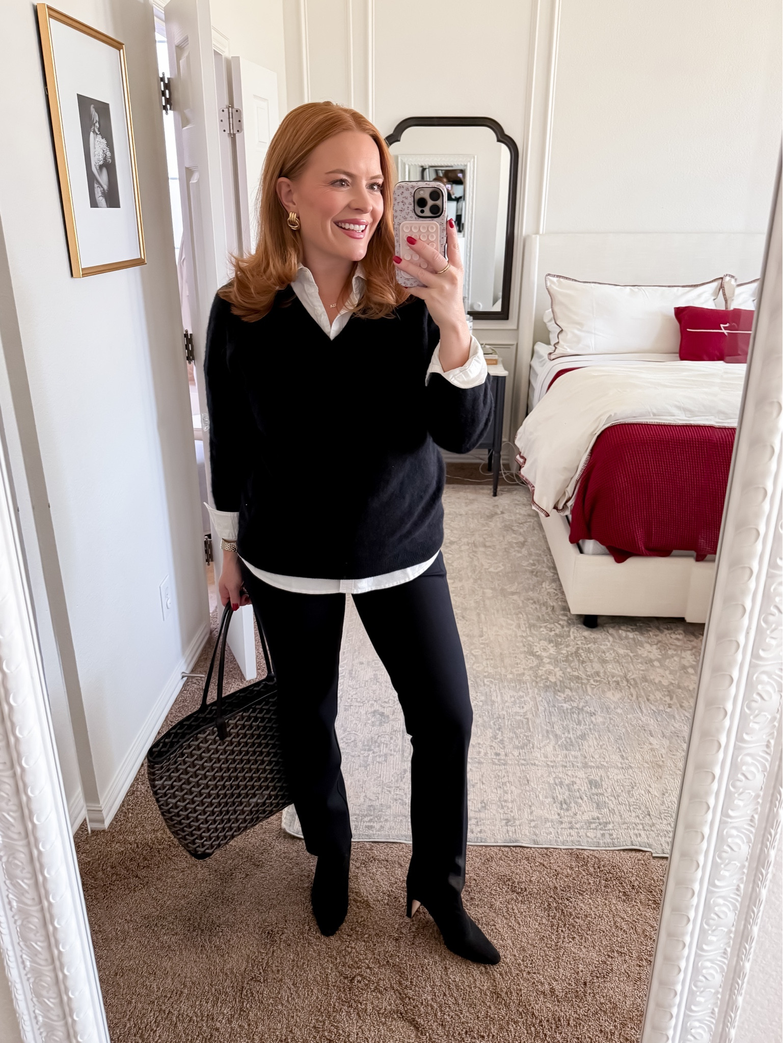 Classic black and white work outfit 🖤 Crisp button-down layered under a black sweater with tailored pants and heeled booties. Simple, clean, and office-ready. #LTKworkwear #minimalstyle #officeoutfits

#LTKWorkwear #LTKmomlife #LTKootd