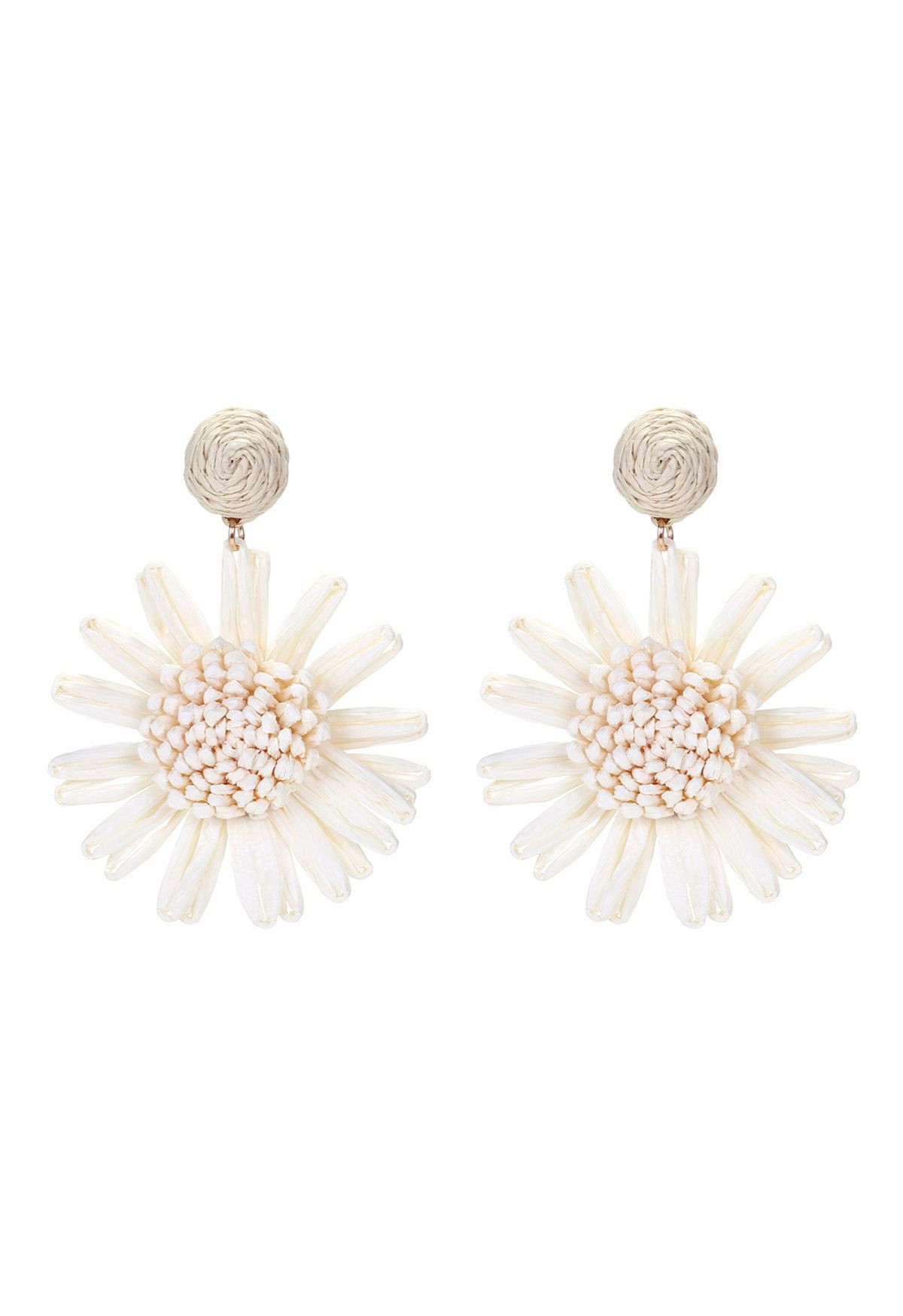 Sunflower Raffia Handmade Woven Earrings in White | Chicwish