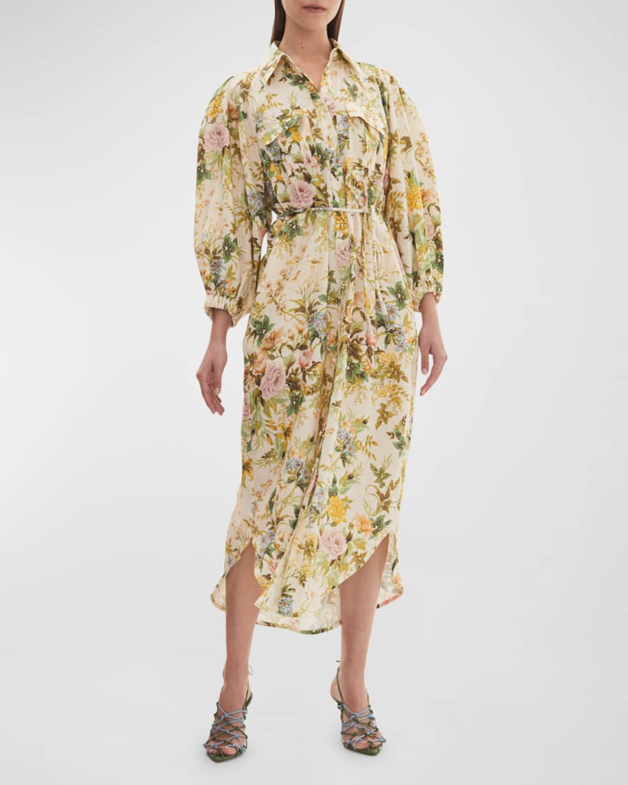 ALEMAIS Eden Floral Linen Puff-Sleeve Midi Dress | Neiman Marcus