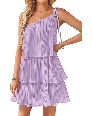 ZESICA Women's 2024 Boho Summer One Shoulder Sleeveless Ruffle Tiered Layered Chiffon Pleated A L... | Amazon (US)
