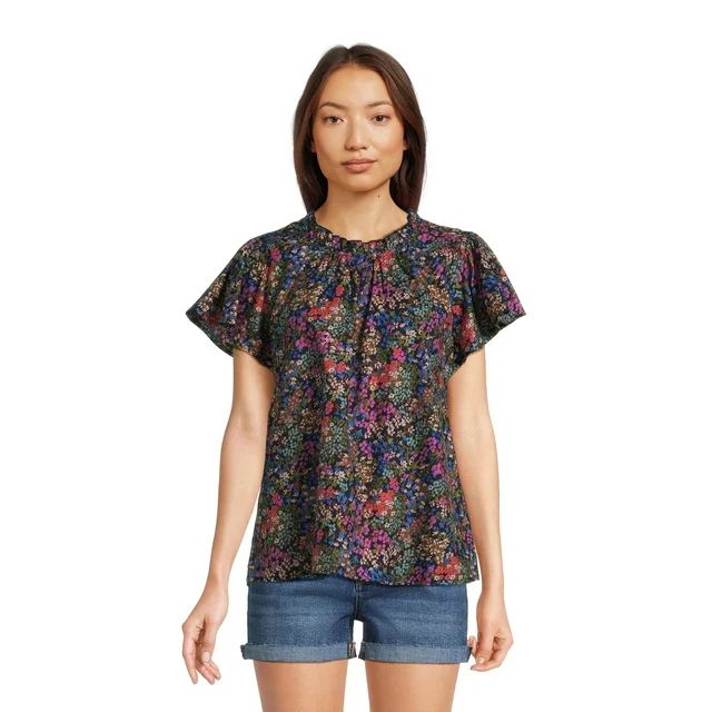 Time and Tru Women's Puff Sleeve Pop Over Woven Top | Walmart (US)