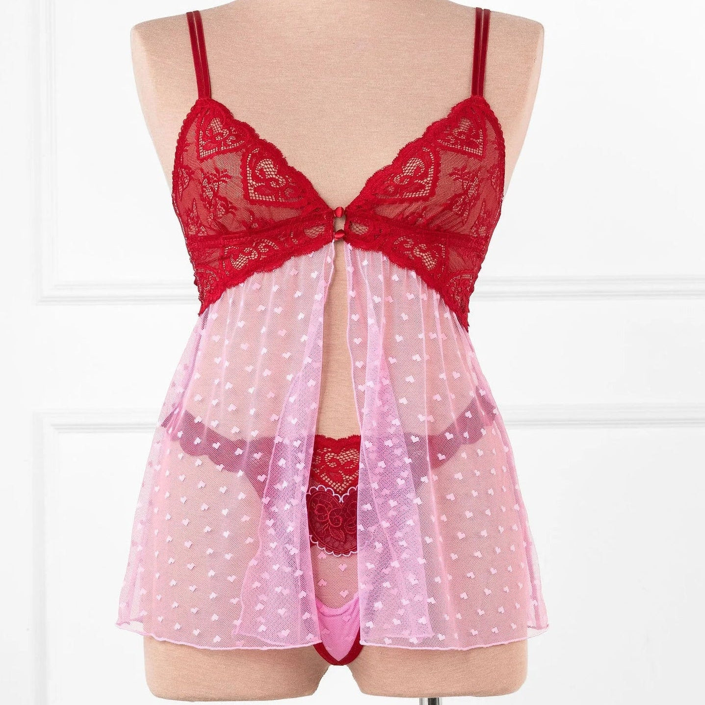 Heart Lace & Mesh Button Babydoll - Red | Mentionables