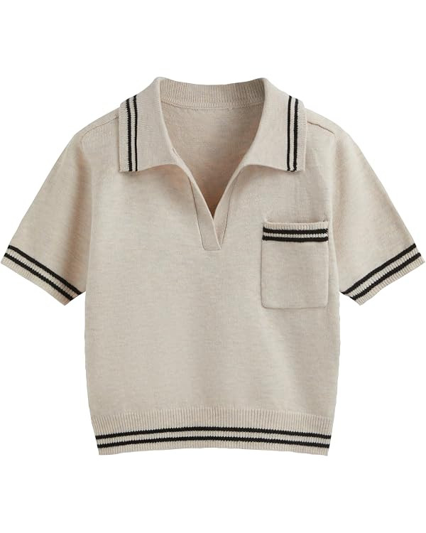 CIDER Short Sleeve Sweater Knit Top Collar Neck Stripe Pullover Casual Elegant Women’s Collared... | Amazon (US)