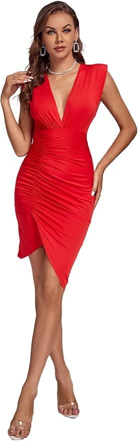 LYANER Women's Deep V Neck Sleeveless Ruched Wrap Asymmetrical Hem Cocktail Party Short Dress | Amazon (US)