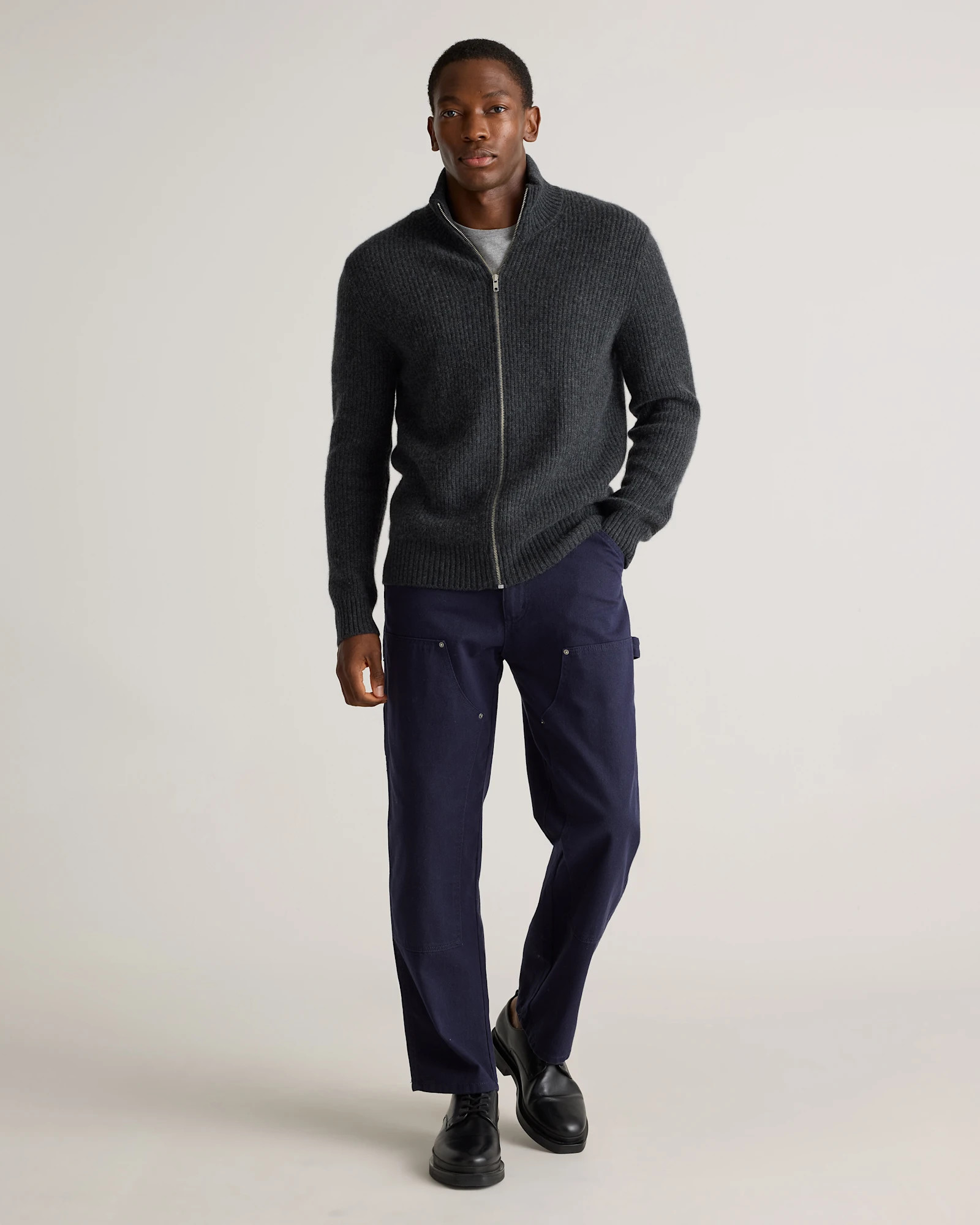 Quince | Men's Mongolian Cashmere Fisherman Full Zip Sweater in True Navy, Size Small | Quince
