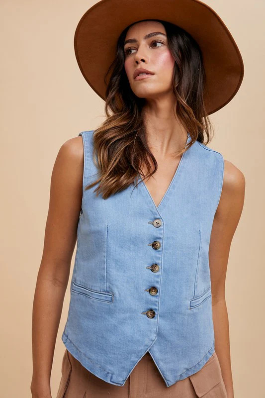 Annie Wear Button Down V-Neck Denim Vest Light / S | Casual Chic Boutique