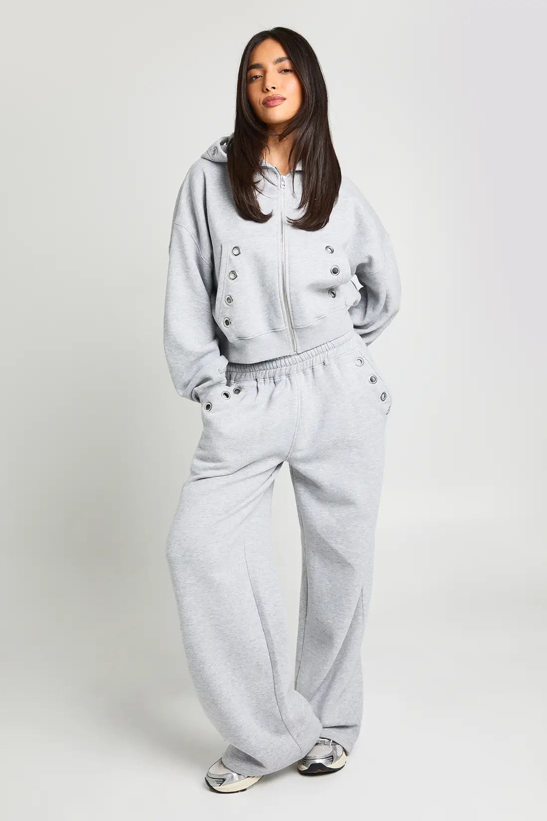 Grey Marl Eyelet Detail Straight Leg Jogger | Boohoo | Boohoo.com (UK & IE)