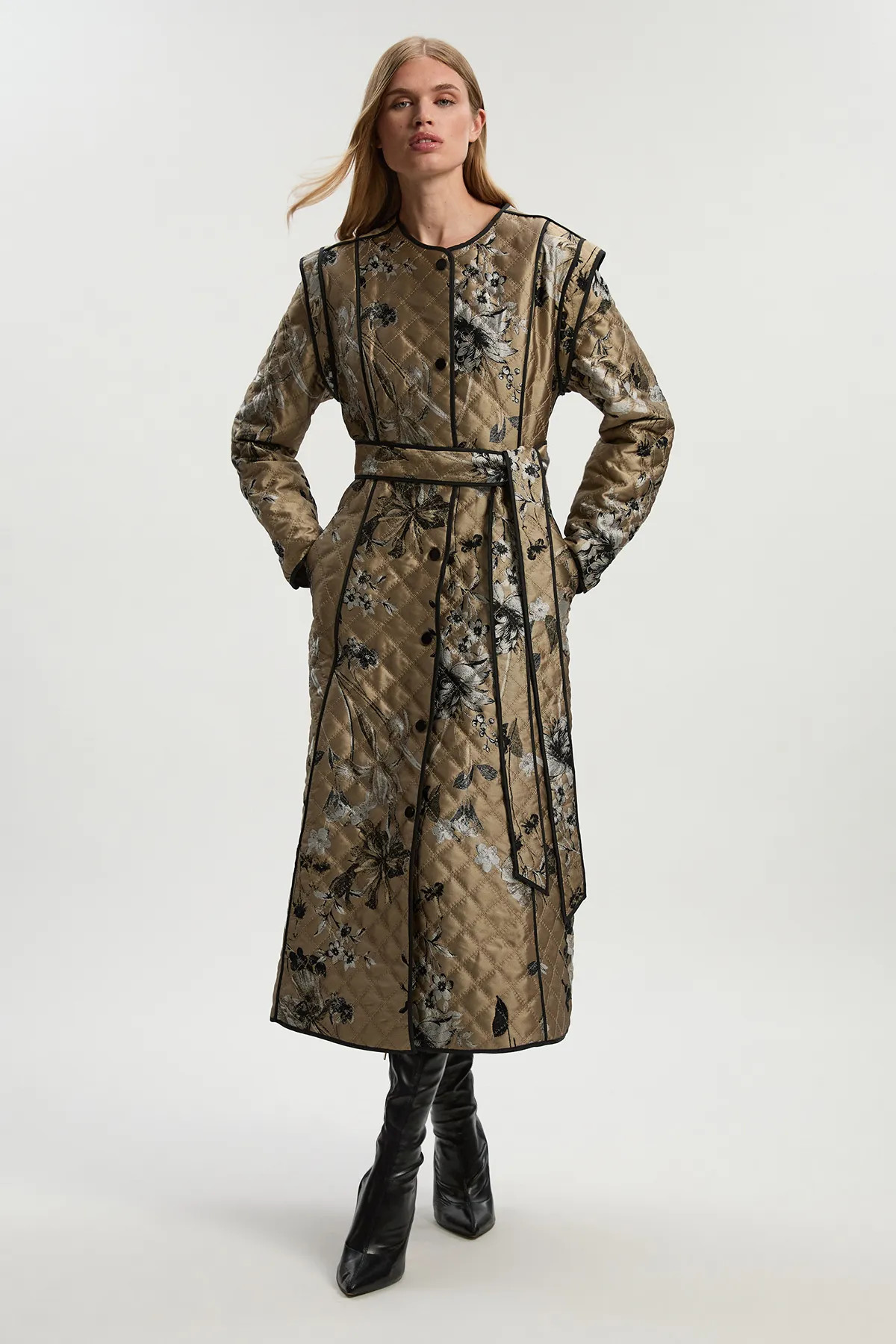 Petite Printed Jacquard Padded Collarless Full Midi Coat | Karen Millen UK + IE + DE + NL
