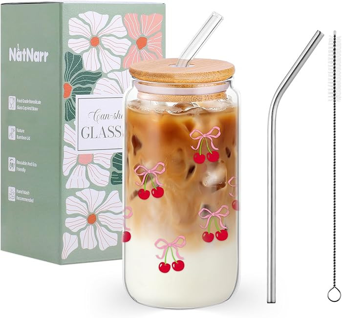 Cute Glass Cups with Lids and Straws, 16 oz Coquette Cherry Bow Cup Aesthetic School Supplies Ice... | Amazon (US)
