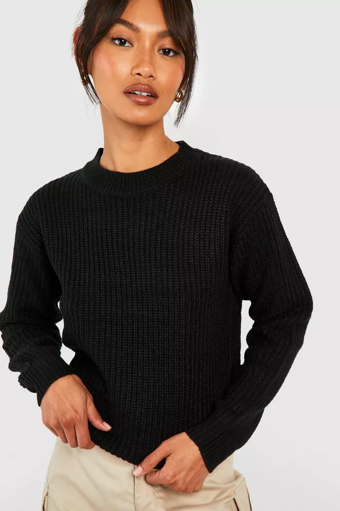 Black Fisherman Crew Neck Jumper | Boohoo.com (UK & IE)