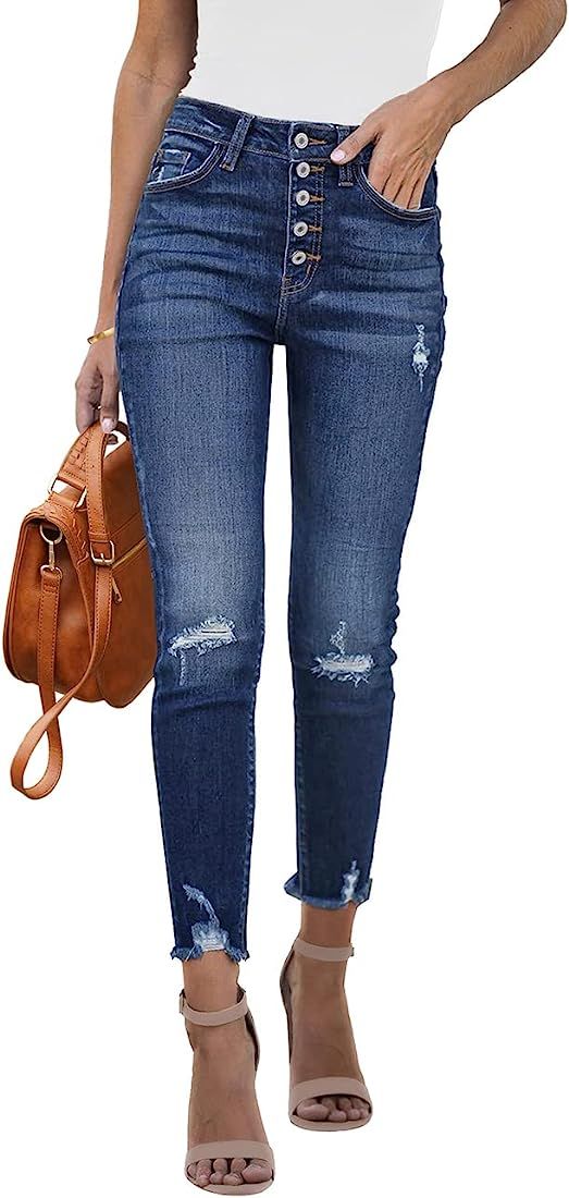 Vetinee Women's High Rise Skinny Jeans Ripped Slim Fit Stretch Denim Pants | Amazon (US)