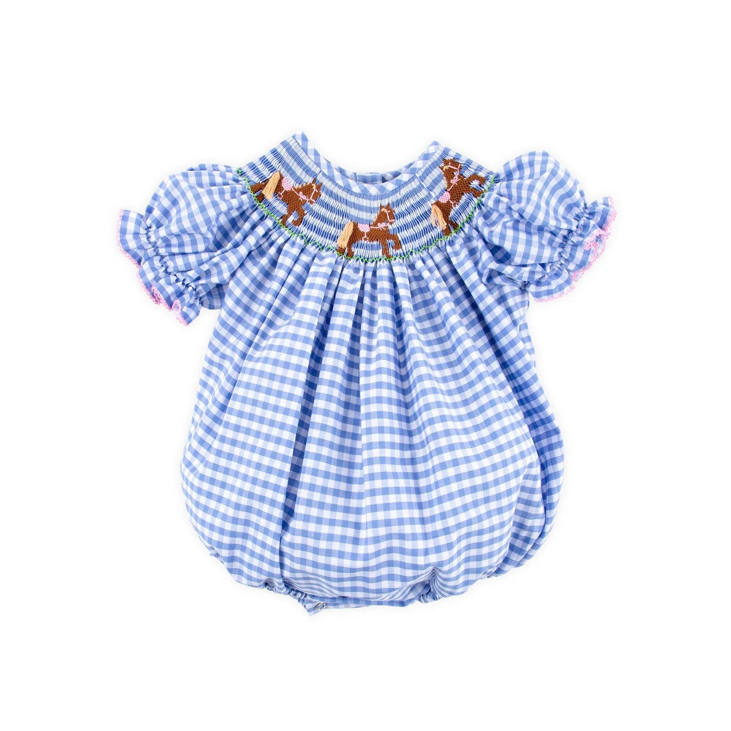 Horse Smocked Light Blue Gingham Bishop Bubble | Classic Whimsy