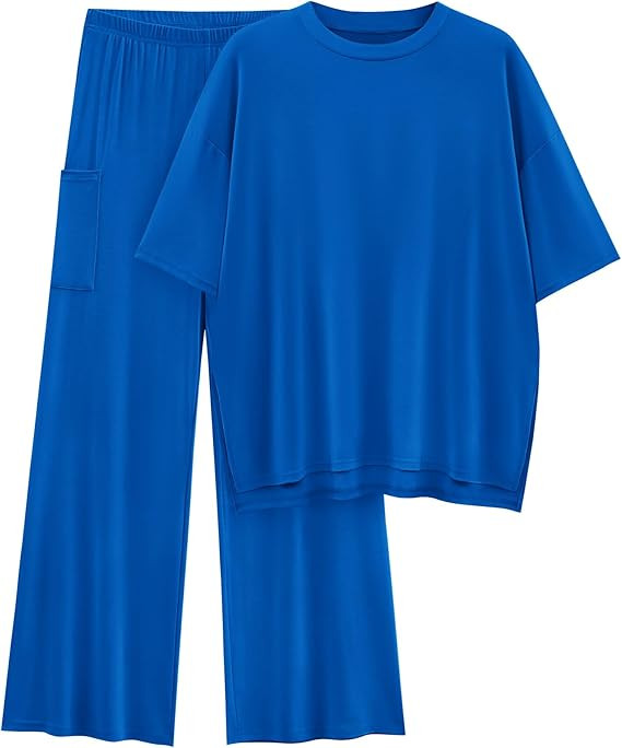 KIRUNDO Lounge Sets for Women Two Piece Outfits Oversized Short Sleeve Tops & Wide Leg Pants Mate... | Amazon (US)