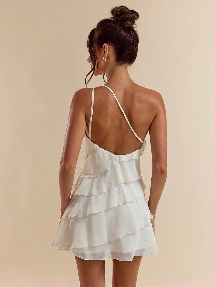 SHEIN BAE Summer Beach Vacation Solid Color Apricot Layered Lotus Leaf Cake Mini Dress, Suitable ... | SHEIN