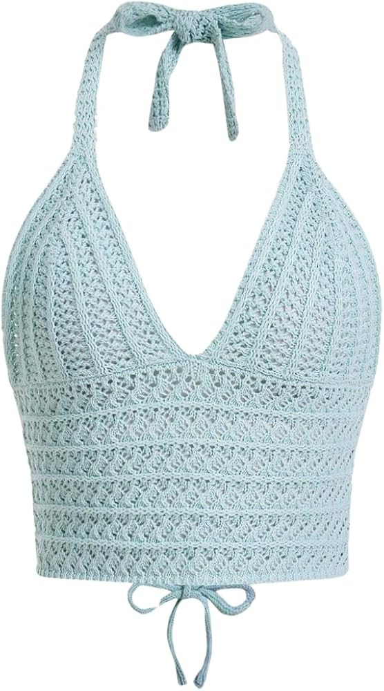 Naileksi Women Lace Up Backless Crochet Crop Halter Top Y2k Slim Fit Sleeveless V Neck Self Tie B... | Amazon (US)