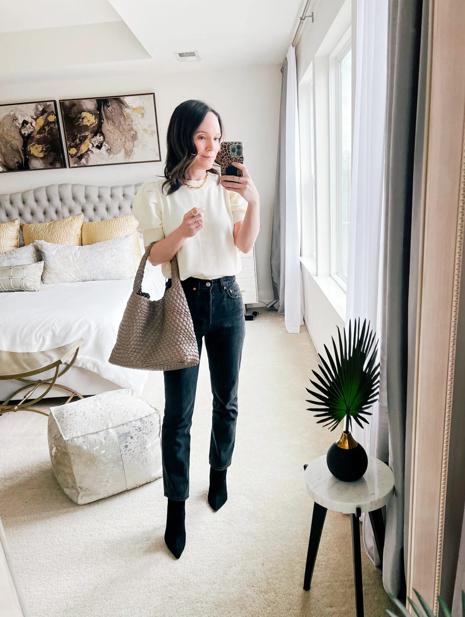 Short sleeved sweater, black jeans and black boots 

#LTKover40 #LTKSeasonal