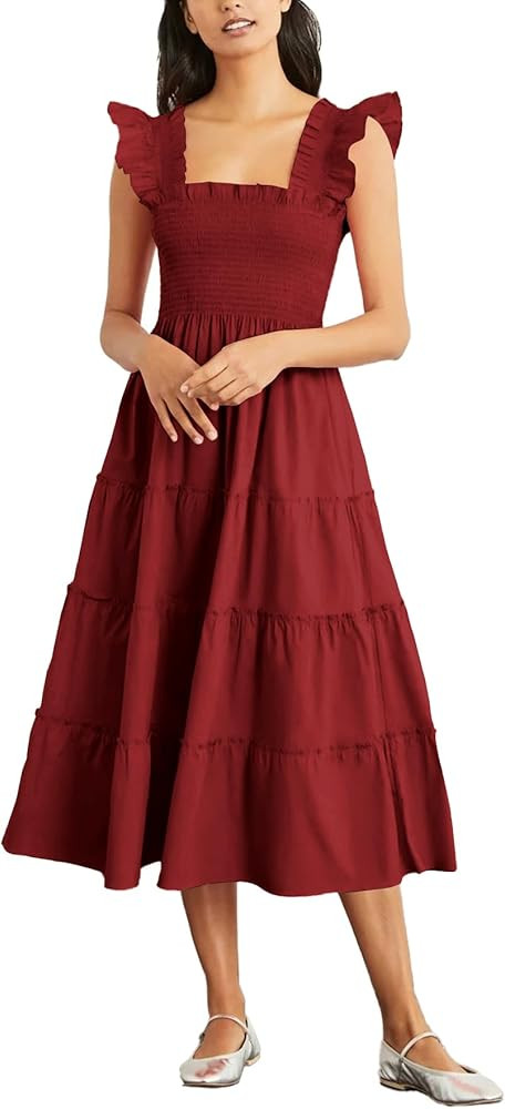 Rooscier Women's Square Neck Smocked Ruffle Sleeveless Sundress Tiered A Line Midi Dress | Amazon (US)