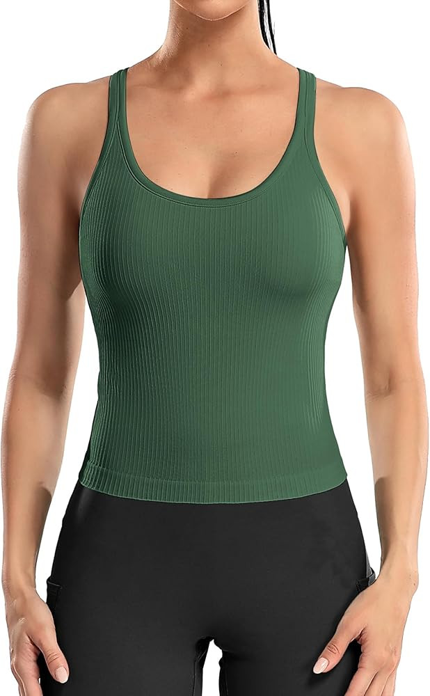 ATTRACO Women Ribbed Workout Crop Tops with Built in Bra Yoga Racerback Tank Top Tight Fit | Amazon (US)