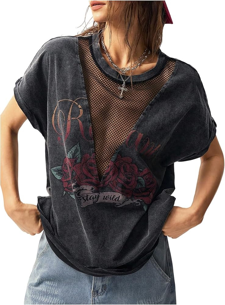 SOLY HUX Women's Vintage Graphic Tees Mesh Short Sleeve Goth Y2k T Shirt Summer Tops Streetwear | Amazon (US)