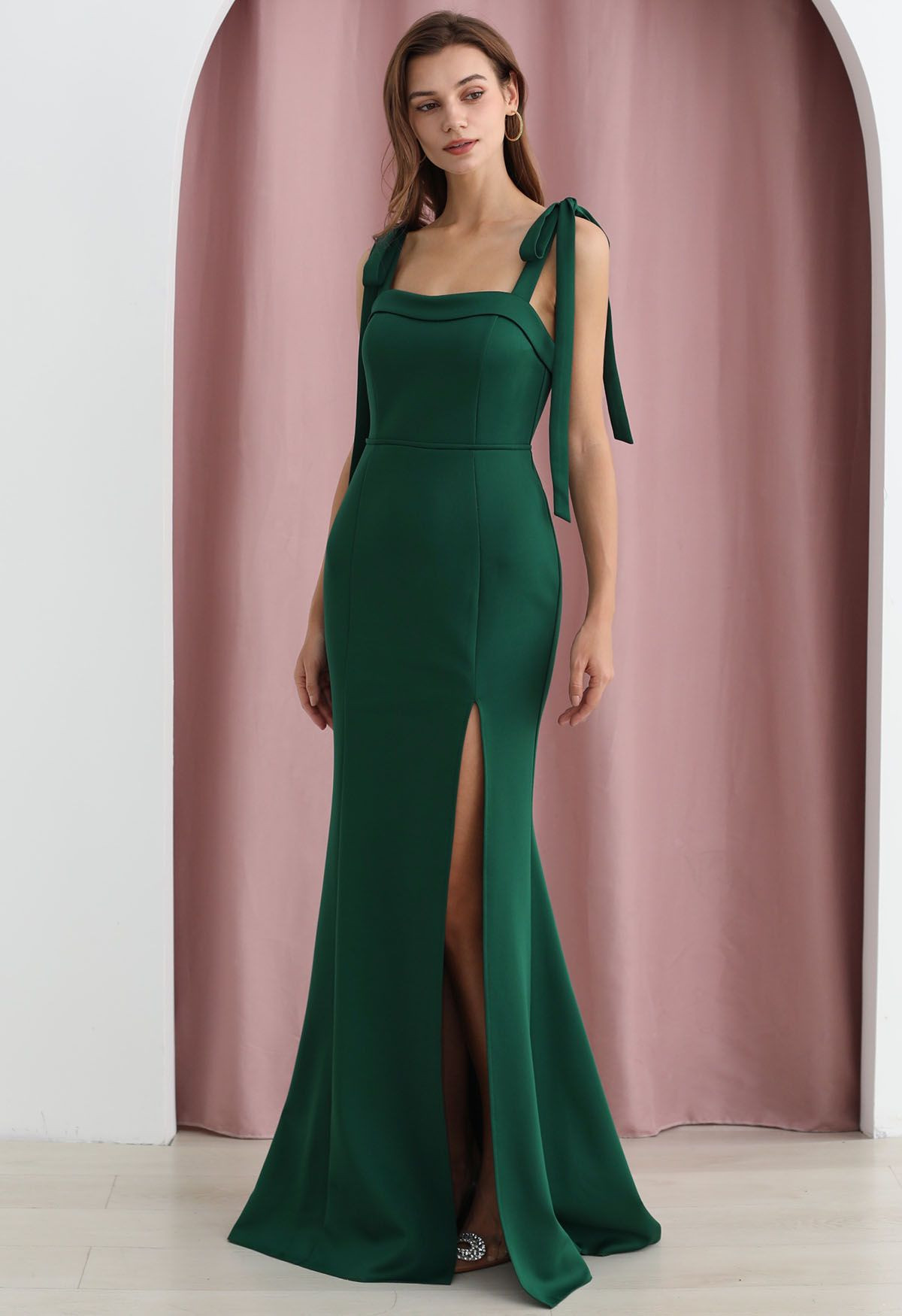 Tie-Shoulder High Slit Maxi Gown in Dark Green | Chicwish