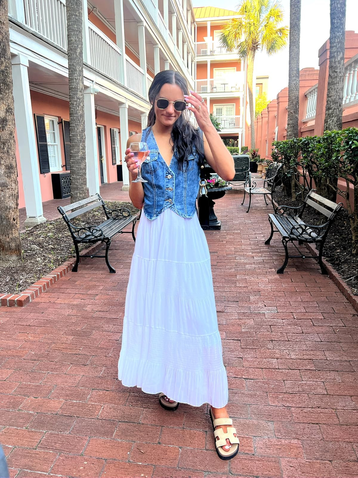 Charleston outfit / summer outfit-top in XS, skirt in S, sandals true to size. White maxi skirt/denim vest/ponytail extensions
 

 #LTKSummerEdit #LTKPetite #LTKFindsUnder50