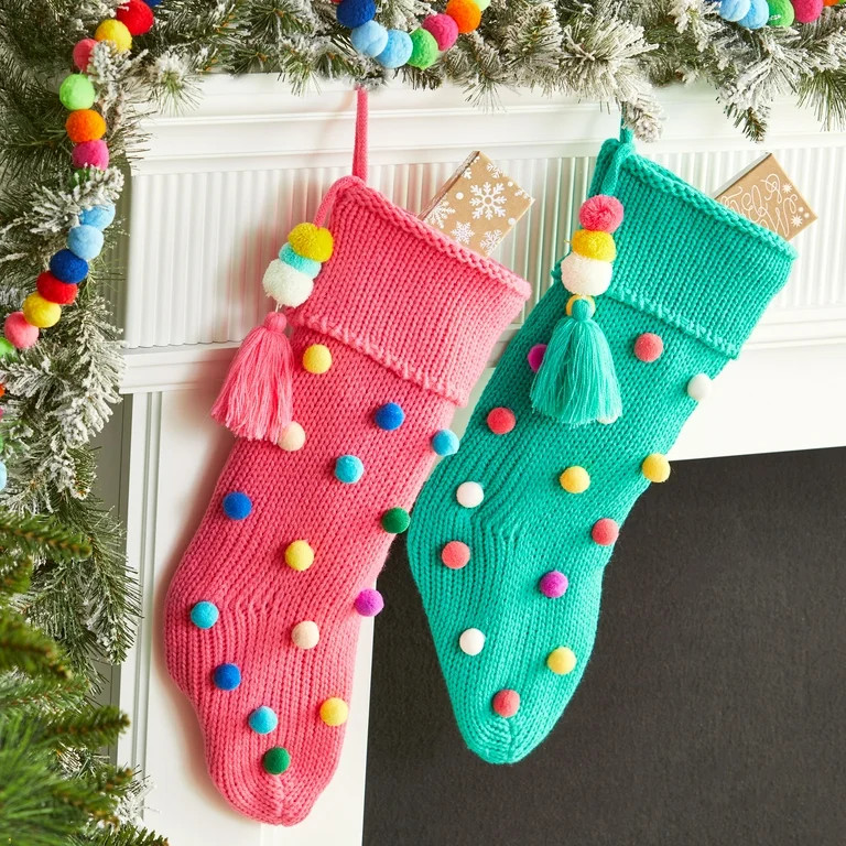 Holiday Time 2pack 20inch Christmas Aqua/Pink Knit Stocking, With Colorful Pom Poms - Walmart.com | Walmart (US)