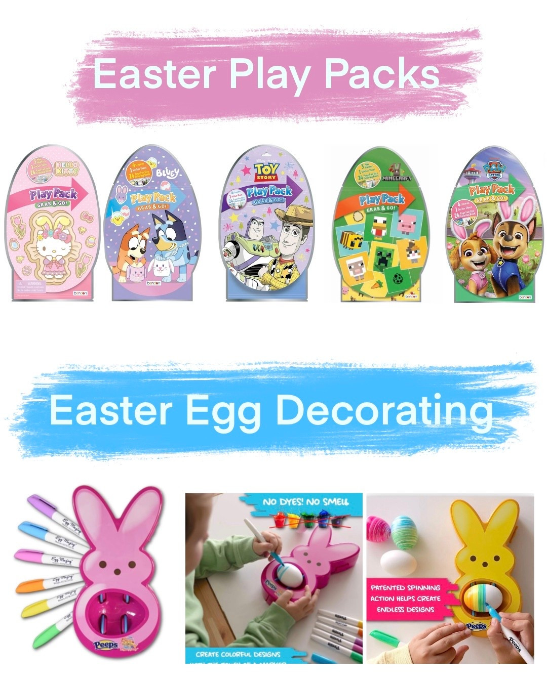 Easter coloring play packs under $2! Hello Kitty, Bluey, Toy Story, Minecraft, Paw Patrol, and more.

Peeps easter egg decorating in yellow, pink, purple, green, and blue!

#LTKSeasonal #LTKKids #LTKmomlife