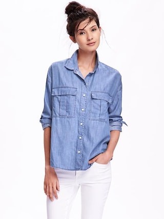 Old Navy Boyfriend Chambray Shirt For Women Size L Tall - Mid tone chambray | Old Navy US