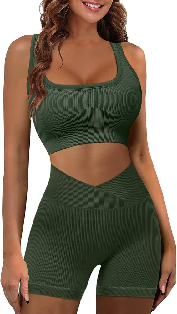 JZC Workout Sets for Women 2 Piece Ribbed Seamless High Waist Shorts Yoga Outfits | Amazon (US)