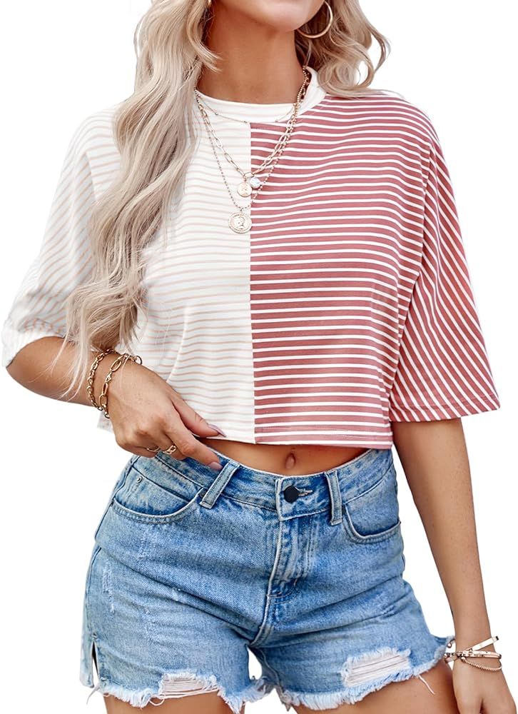 Tankaneo Womens Striped Cropped T Shirts Half Sleeve Loose Fit Color Block Summer Casual Crop Top... | Amazon (US)