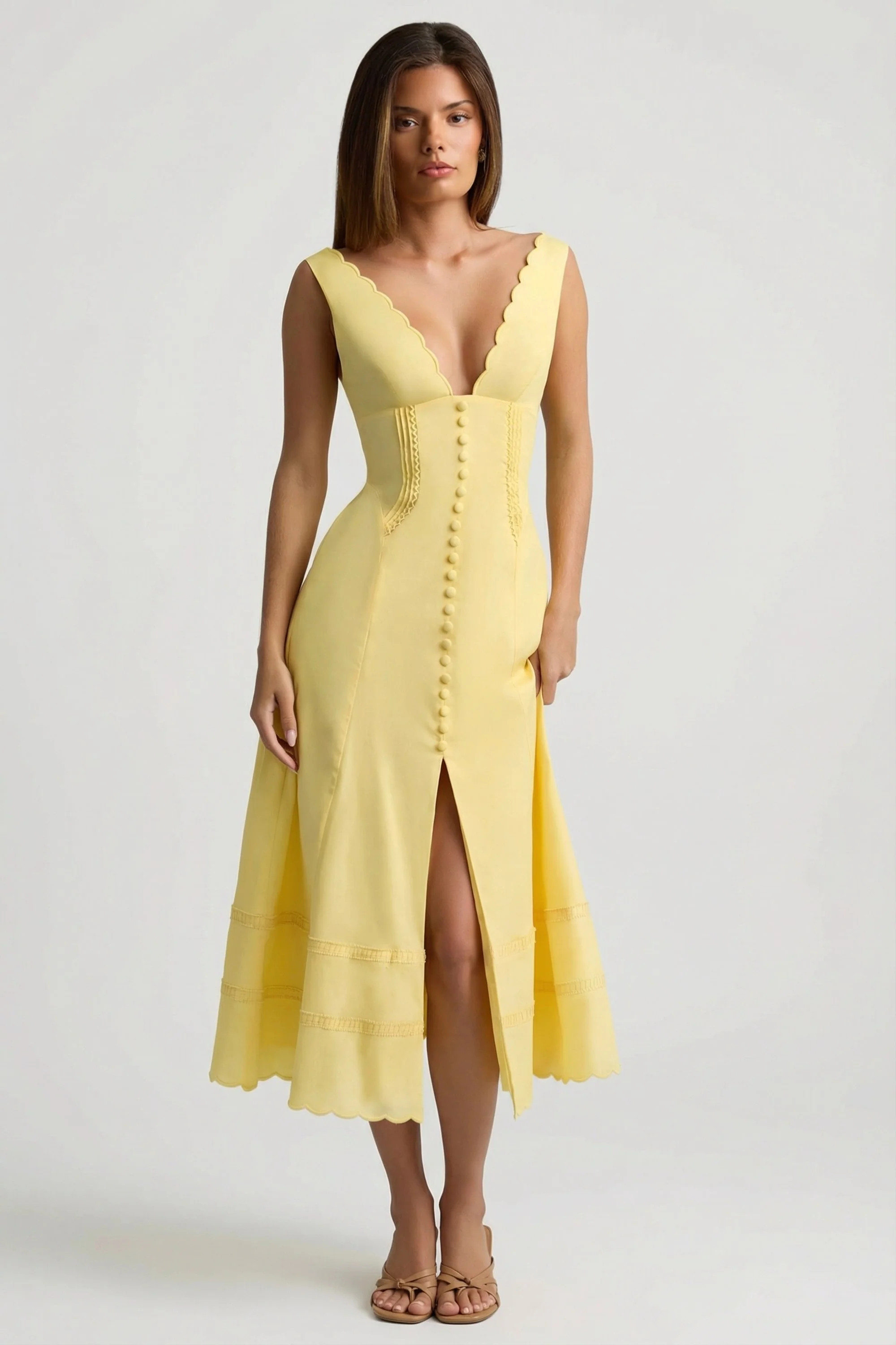 Cotton-Poplin A-Line Midaxi Dress in Pastel Yellow | Oh Polly