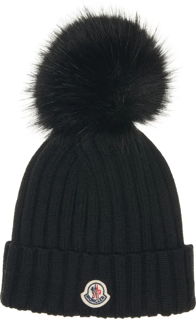 Virgin Wool Rib Beanie with Faux Fur Pompom | Nordstrom