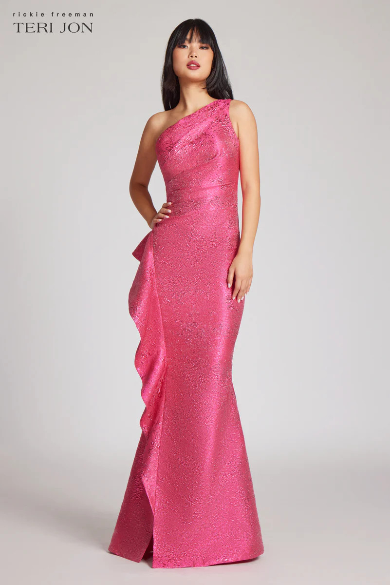 Jacquard Side Ruffle One Shoulder Gown | TERIJON