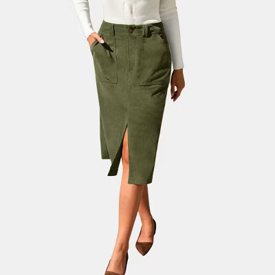 Women's Olive Green Midi Skirt with Front Slit - Cupshe-L-Green | Target