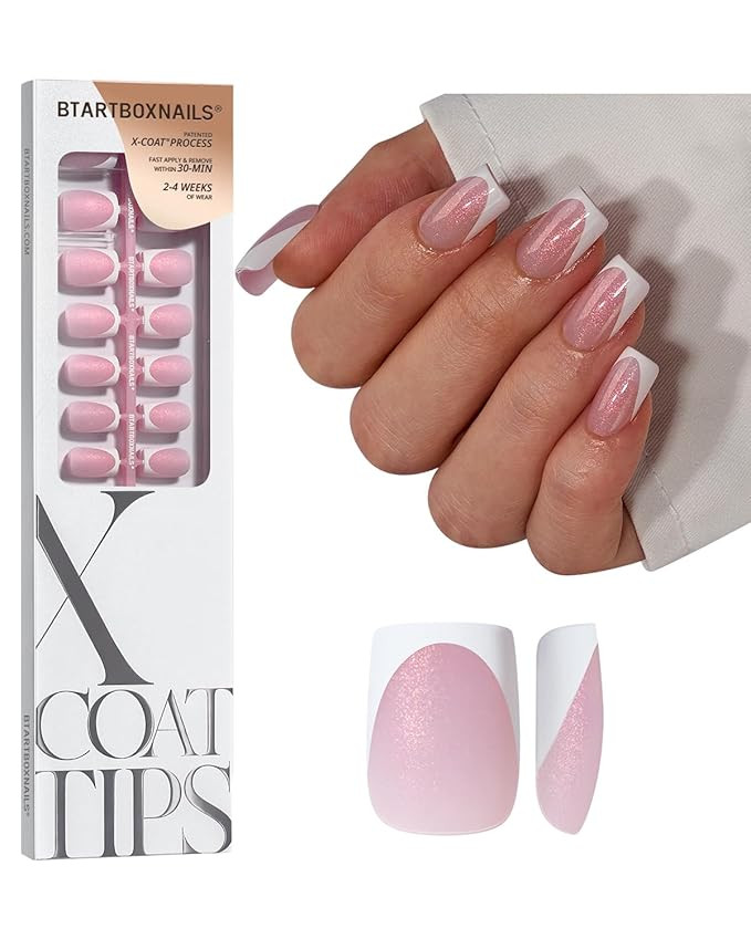 BTArtboxnails XCOATTIPS French Tip Press On Nails - Pink Glitter Base Short Square Press On Nails... | Amazon (US)