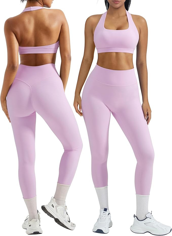 OMKAGI 2 Piece Workout Sets for Women Halter Sports Bras Gym Sets Booty Leggings Outfits | Amazon (US)