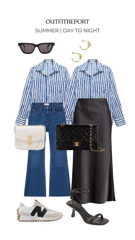 Summer day to night dressing maxi skirt striped shirt and flare jeans 

#LTKstyletip #LTKshoes #LTKbag