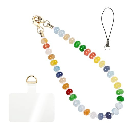 CH.yishi Handmade Natural Gemstone Crystal Beaded Charm Cell Phone Camera Lanyard, Hands-Free Wrist Strap, Phone Chain String, Keychain Decor for Walle (Colorful Candy) | Amazon (US)