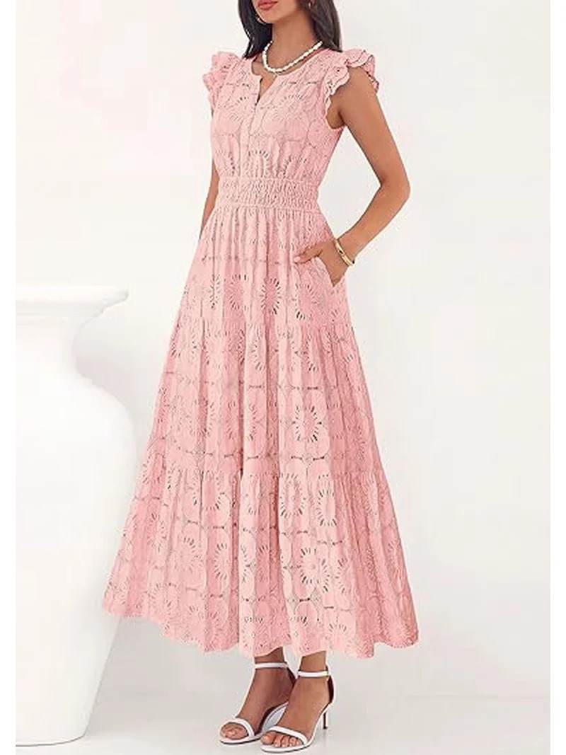 PRETTYGARDEN Womens Boho Maxi Dresses Summer Floral Lace Eyelet V Neck Spring Wedding Guest Dress... | Walmart (US)