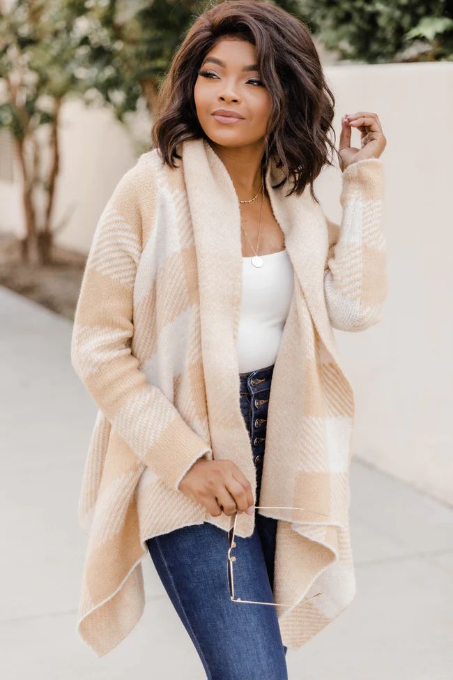 Candidly Chic Buffalo Plaid Cardigan Tan | The Pink Lily Boutique