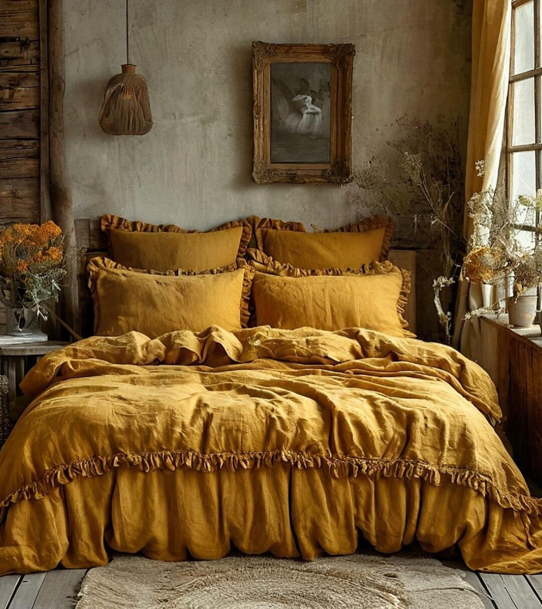 Linen Duvet Cover Set, Ruffled Hand-dyed Stonewashed Linen Bedding With Ruffles 100% Organic Line... | Etsy (US)