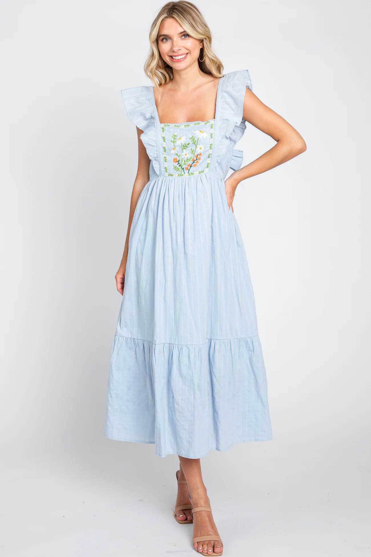 Light Blue Floral Embroidered Tie Back Midi Dress | PinkBlush Maternity