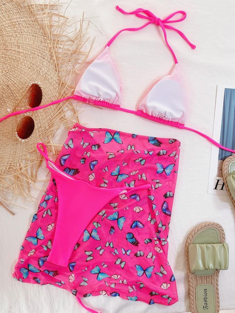 3pack Butterfly Print Micro Triangle Bikini Swimsuit & Beach Skirt | SHEIN