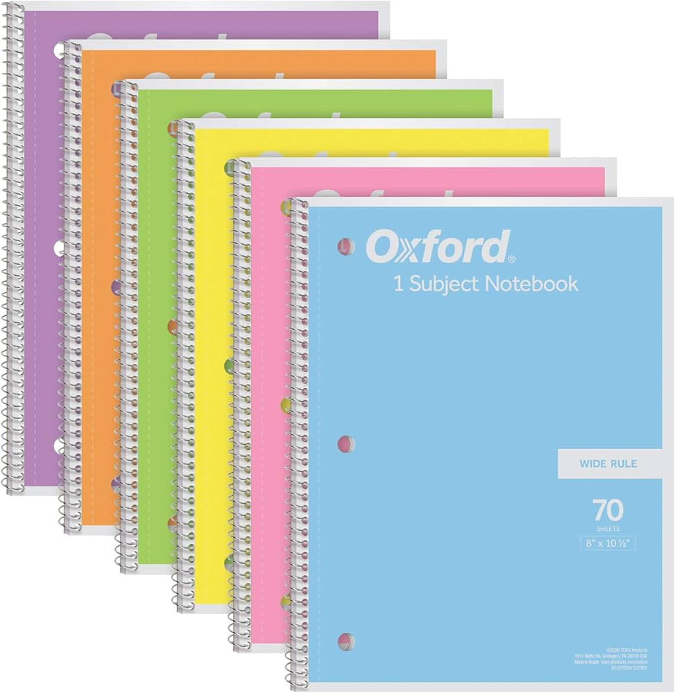 Oxford Spiral Notebook 6 Pack, 1 Subject, Wide Ruled Paper, 8 x 10-1/2 Inch, Pastel Pink, Orange,... | Amazon (US)