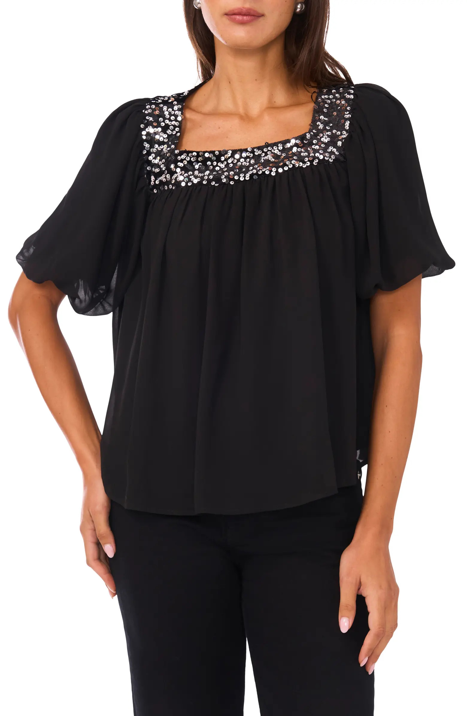 Vince Camuto Sequin Trim Puff Sleeve Top | Nordstrom | Nordstrom