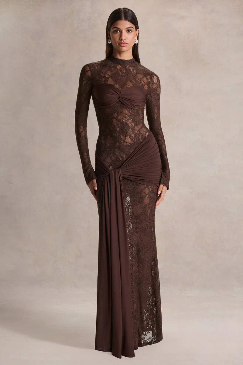 Akira  Brown Lace Maxi Dress With Sash-Detail | Club L London