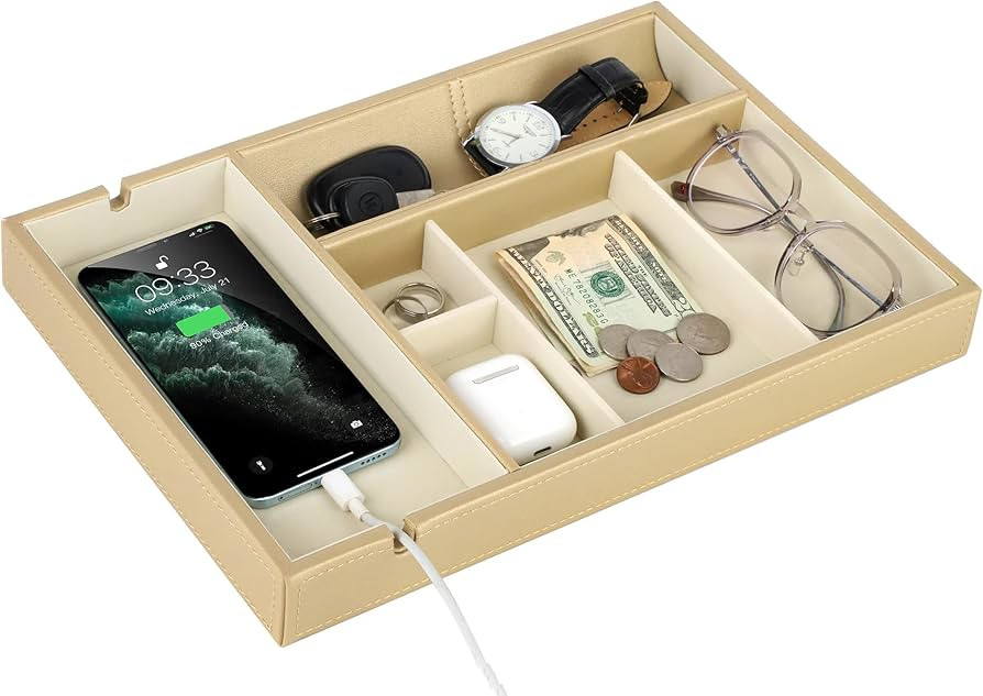 HofferRuffer Faux Leather Valet Tray for Gift,Nightstand Organizer Decorative Dresser Tray Box wi... | Amazon (US)